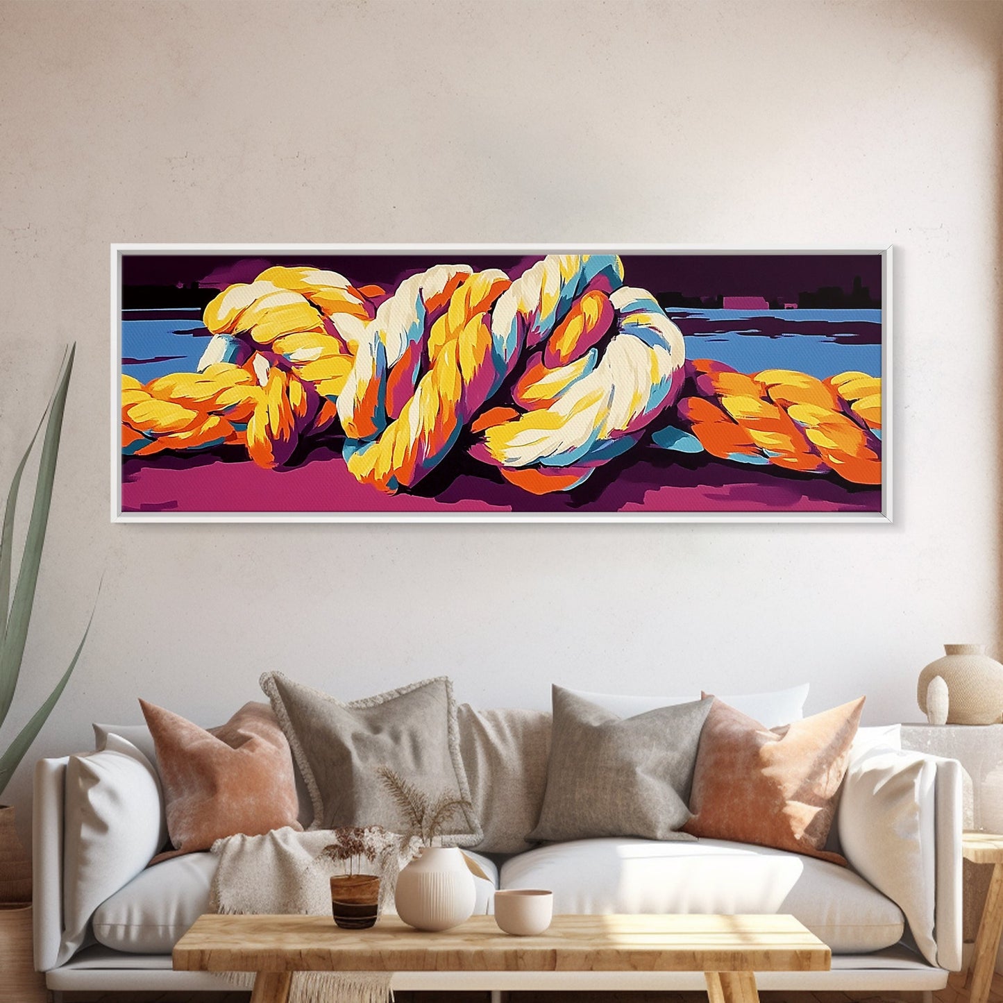 Nautical Rope, Ocean Harbor, Coastal Decor, Maritime Wall Art, Framed Canvas Print, Living Room, Beach House Artwork, Bold Nautical Art