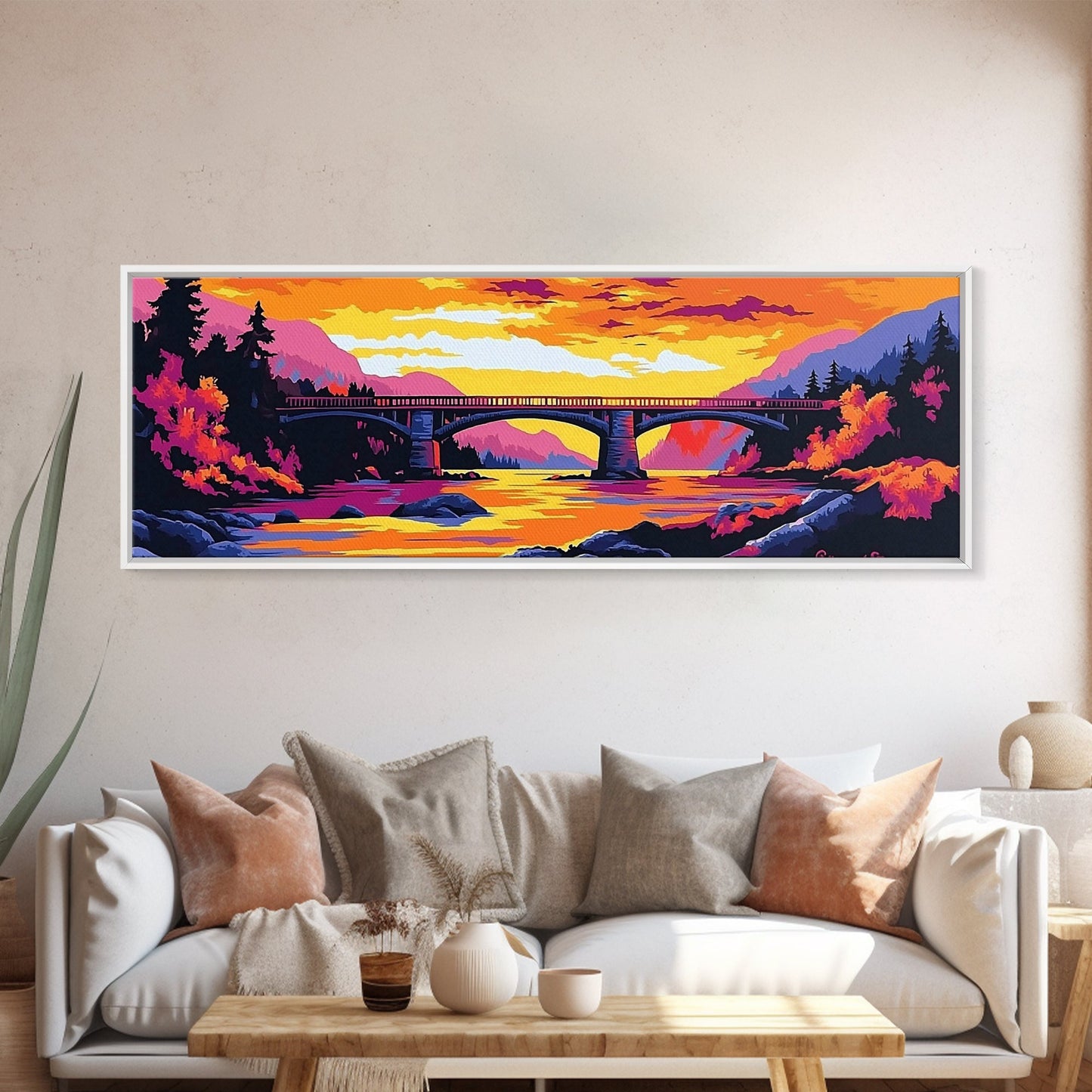 Stone Bridge, River Sunset, Autumn Art, Nature Scene, Living Room Wall Art, Colorful Home Decor, Canvas Print, Modern Landscape