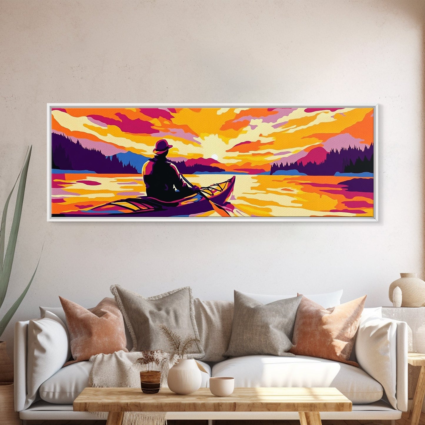 Kayak Adventure, Scenic Lake, Outdoor Wall Art, Sunset Reflections, Bold Landscape, Nature Escape, Vibrant Colors, Canvas Print