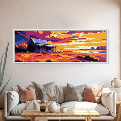 Desert Cabin, Western Landscape, Rustic Retreat, Canvas Print, Southwest Home Decor, Vibrant Colors, Country Wall Art, Warm Tones