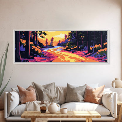 Forest Path, Scenic River, Golden Sunset, Framed Canvas Print, Rustic Home Decor, Nature Landscape Art, Cozy Cabin Decor, Fall Aesthetic