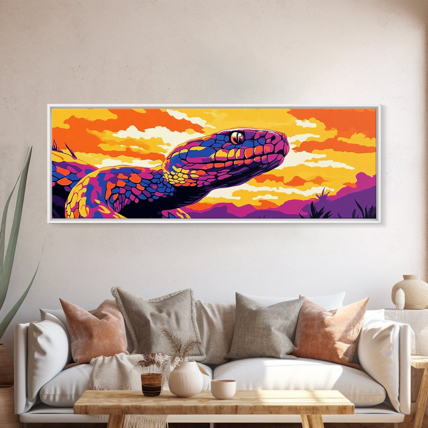 Vibrant Snake, Sunset Wildlife, Colorful Reptile, Nature Art, Framed Canvas Print, Boho Home Decor, Living Room Wall Art, Wildlife Gift