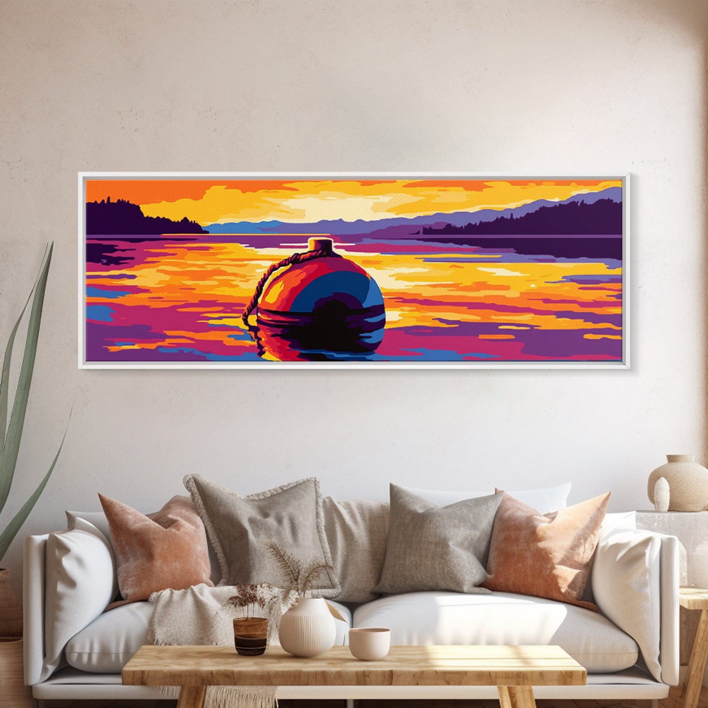 Floating Buoy, Lake Scene, Nautical Wall Art, Vibrant Water Reflection, Framed Canvas Print, Rustic Cabin Decor, Bold Seascape Art