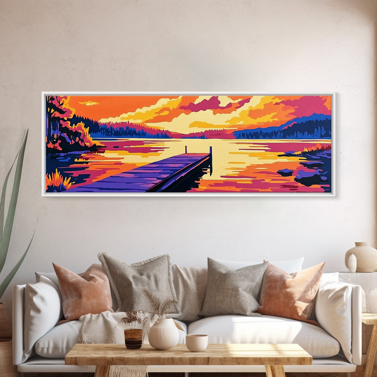 Sunset Lake, vibrant landscape, nature wall art, modern decor, colorful painting, Living Room Wall Art, Canvas Print, Framed Canvas Print