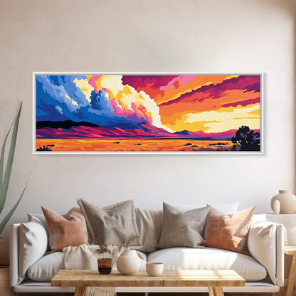 Mountain Clouds, colorful sunset, nature scenery, abstract sky painting, vibrant home decor, Office Wall Art, Framed Canvas Print