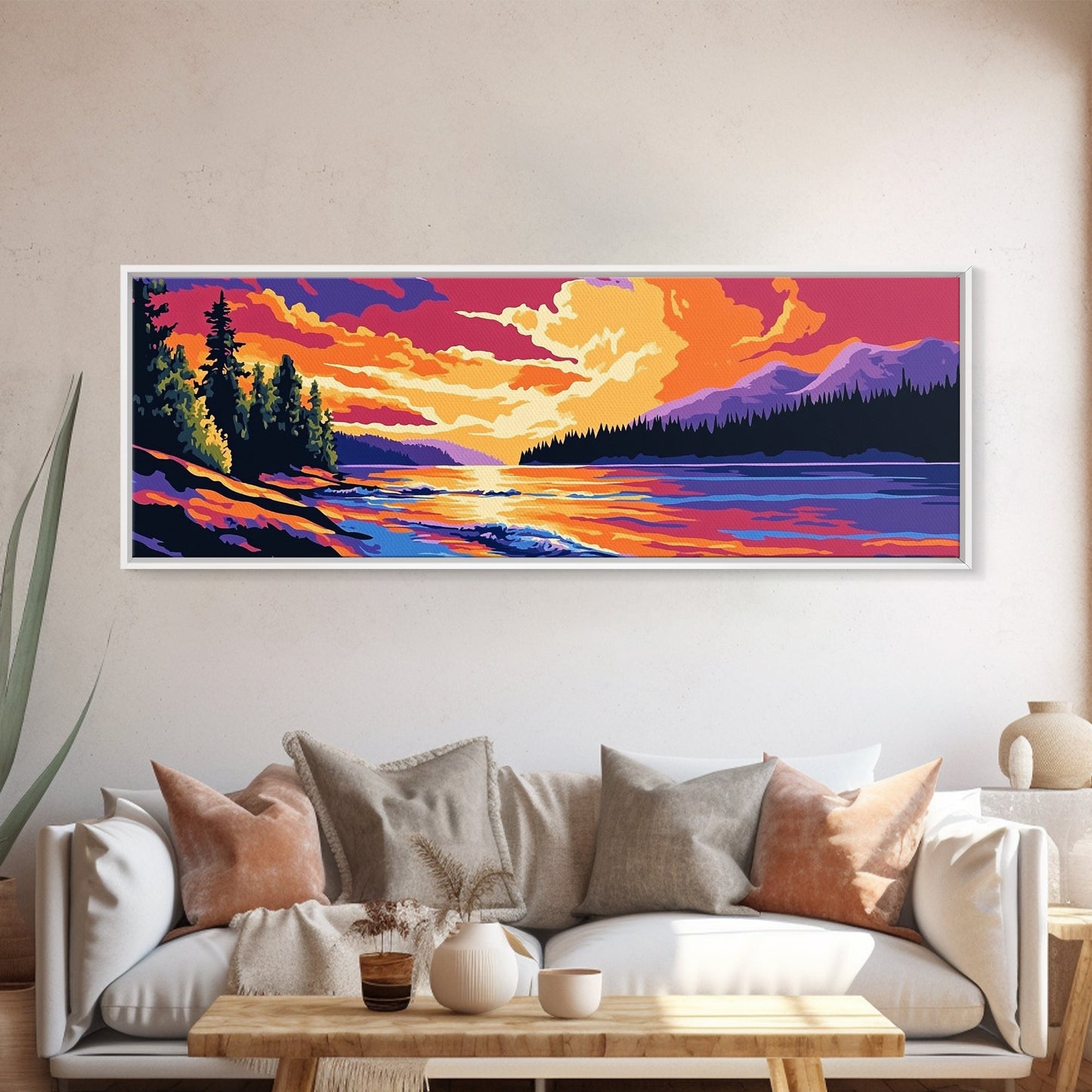 River Sunset, pine forest, mountain landscape, nature decor, cabin retreat, Fall Wall Art, Canvas Print, Framed Canvas Print