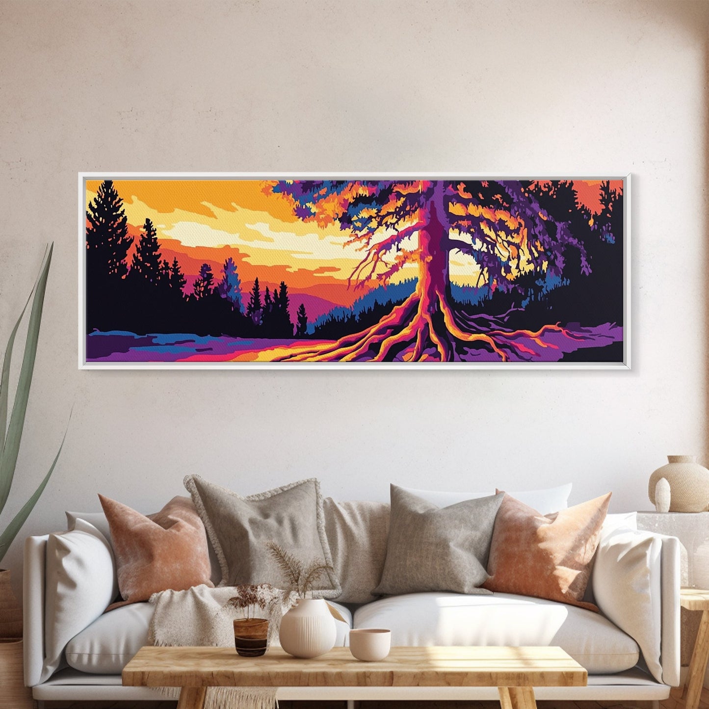 Lebendiger Baum, Sonnenuntergangsmotiv, gerahmter Leinwanddruck, Natur-Wanddeko, psychedelische Kunst, Boho-Landschaft, großes Wandbild, Bürodekoration