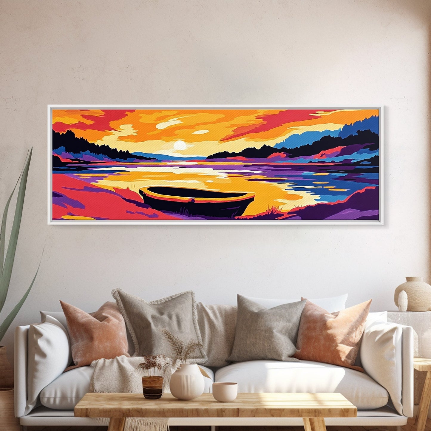 Sunset Boat, Serene Lake, Framed Canvas Print, Tranquil Water Art, Calm Landscape, Warm Color Palette, Boho Home Decor, Bedroom Wall Art
