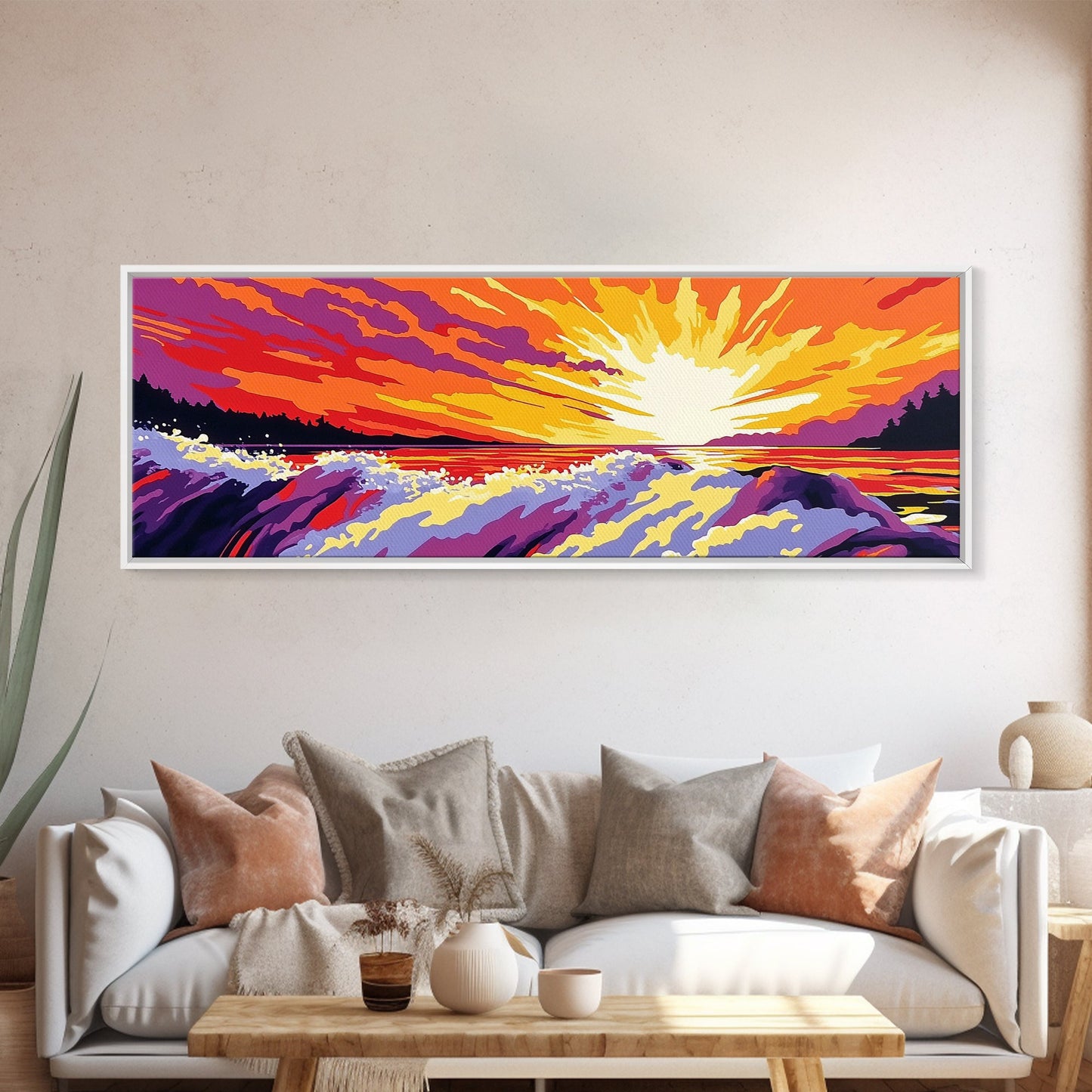 Ocean Waves, Fiery Sunset, Framed Canvas Print, Bold Seascape Art, Nature Scene, Coastal Home Decor, Modern Wall Art, Office Decor