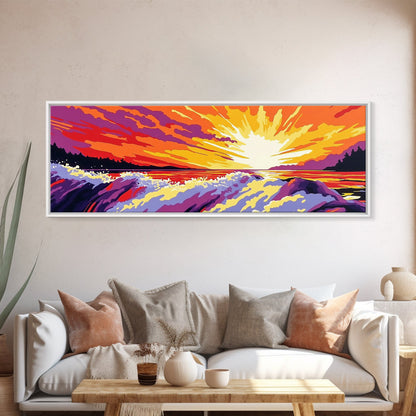 Ocean Waves, Fiery Sunset, Framed Canvas Print, Bold Seascape Art, Nature Scene, Coastal Home Decor, Modern Wall Art, Office Decor