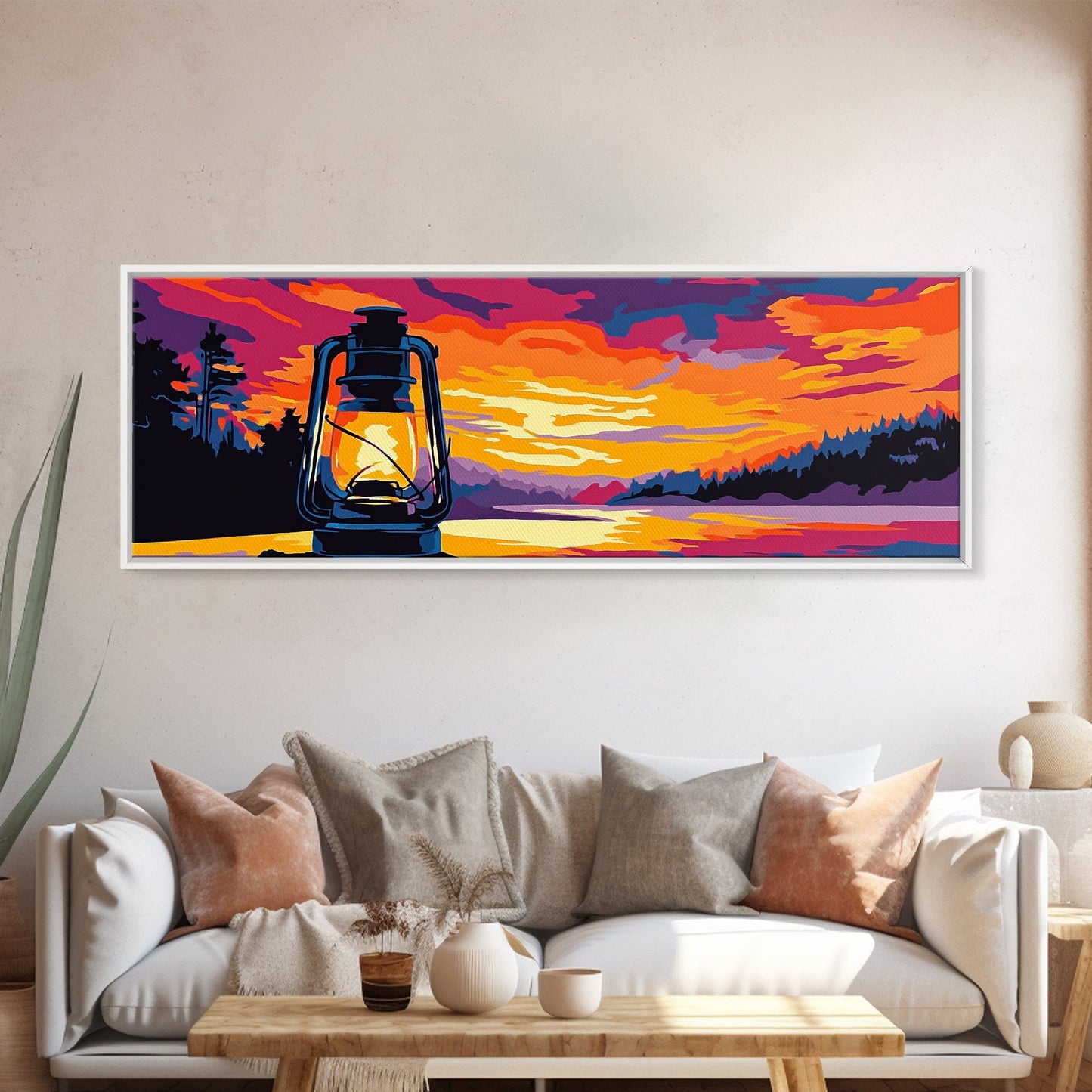 Lantern Glow, Sunset Reflection, Warm Fall Colors, Canvas Print, Cozy Living Room Art, Rustic Nature Decor, Cabin Ambiance, Vibrant Art