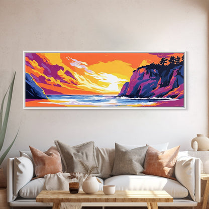 Cliffside Beach, Ocean Waves, Sunset Paradise, Framed Canvas Print, Coastal Landscape Art, Relaxing Home Decor, Vibrant Summer Vibes