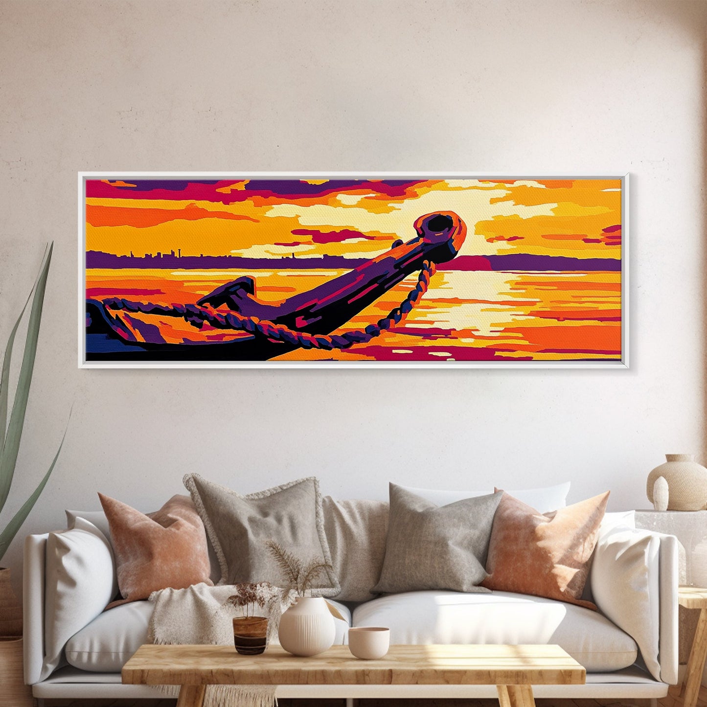 Nautical Anchor, Golden Sunset, Ocean View, Canvas Print, Coastal Home Decor, Vibrant Seascape, Beach Wall Art, Bold Nautical Art