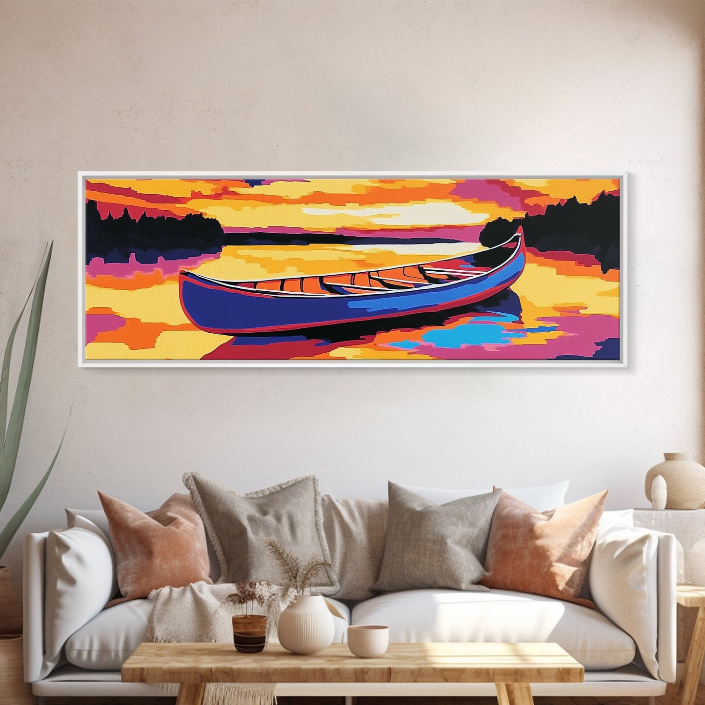 Canoe, Sunset, Water, Framed Canvas Print, Vibrant Lake Art, Nature Wall Art, Rustic Decor, Adventure Art, Cabin Wall Art, Autumn Artwork