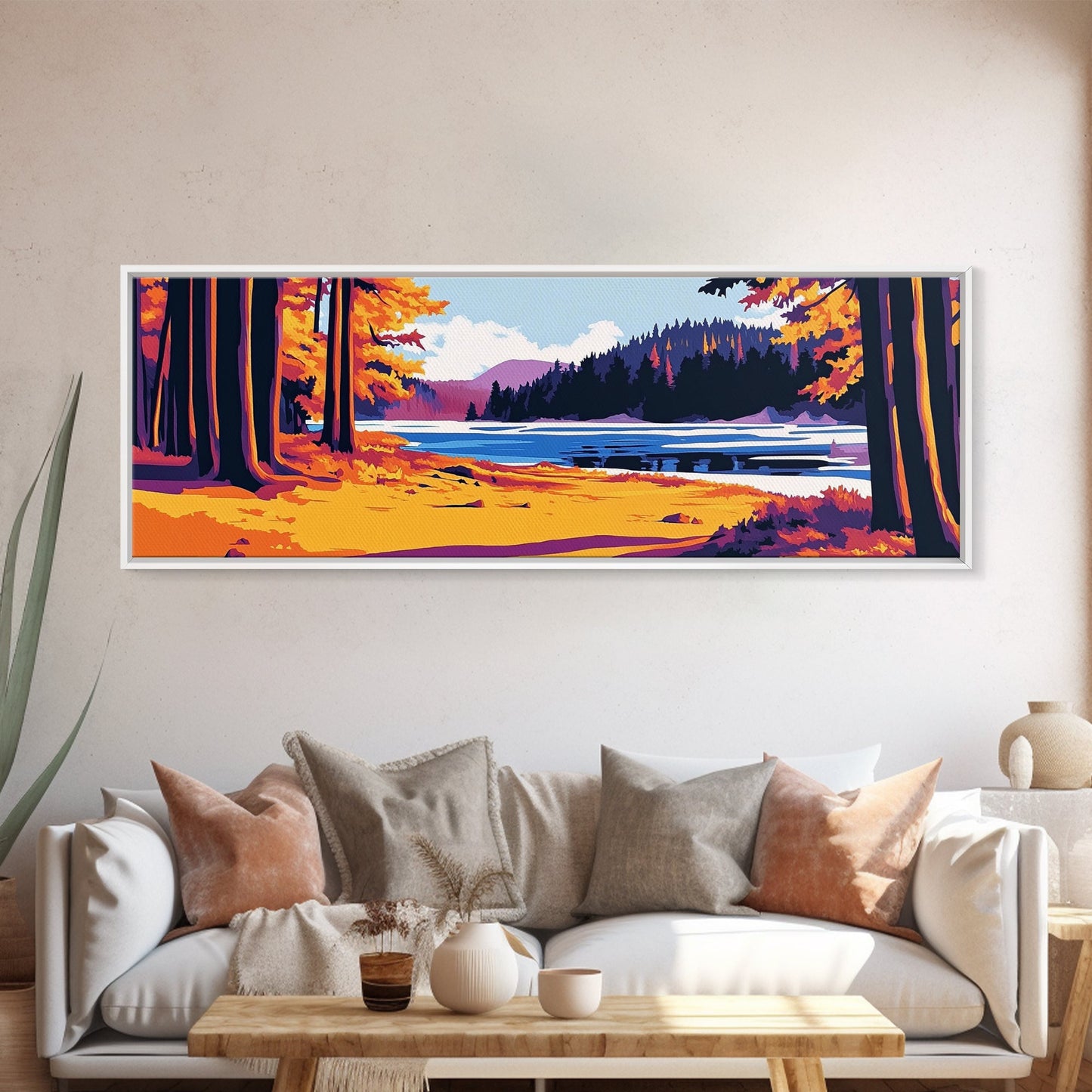 Autumn Forest, Lake View, Rustic Cabin Decor, Nature Lover Print, Fall Season Art, Framed Canvas Print, Cozy Living Room Wall Art