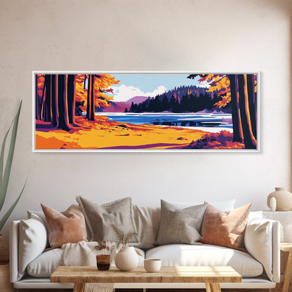 Autumn Forest, Lake View, Rustic Cabin Decor, Nature Lover Print, Fall Season Art, Framed Canvas Print, Cozy Living Room Wall Art