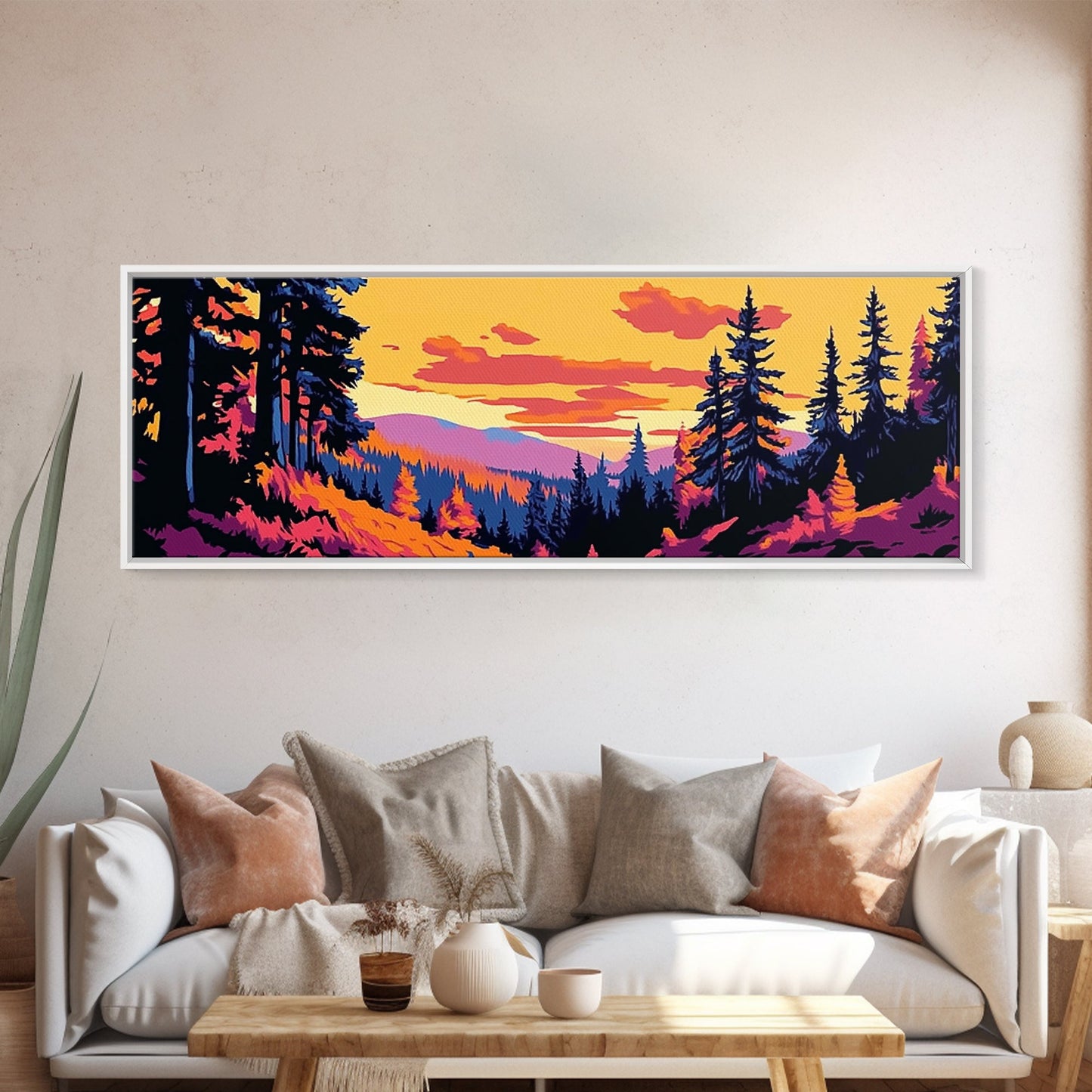 Pine Tree Landscape, Autumn Wilderness Art, Cozy Nature Decor, Warm Sunset Tones, Rustic Cabin Accent, Woodland Aesthetic, Canvas Print
