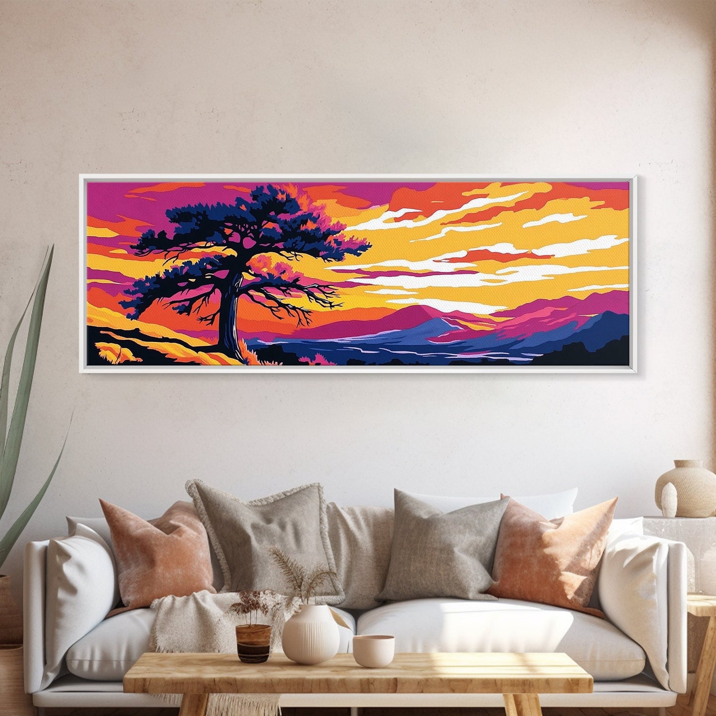 Lone Tree Art, Sonnenuntergangslandschaft, Naturwanddeko, Bergblick, Rustikale Wohnkunst, Südwest-Ästhetik, Großes Wandbild, Leinwanddruck