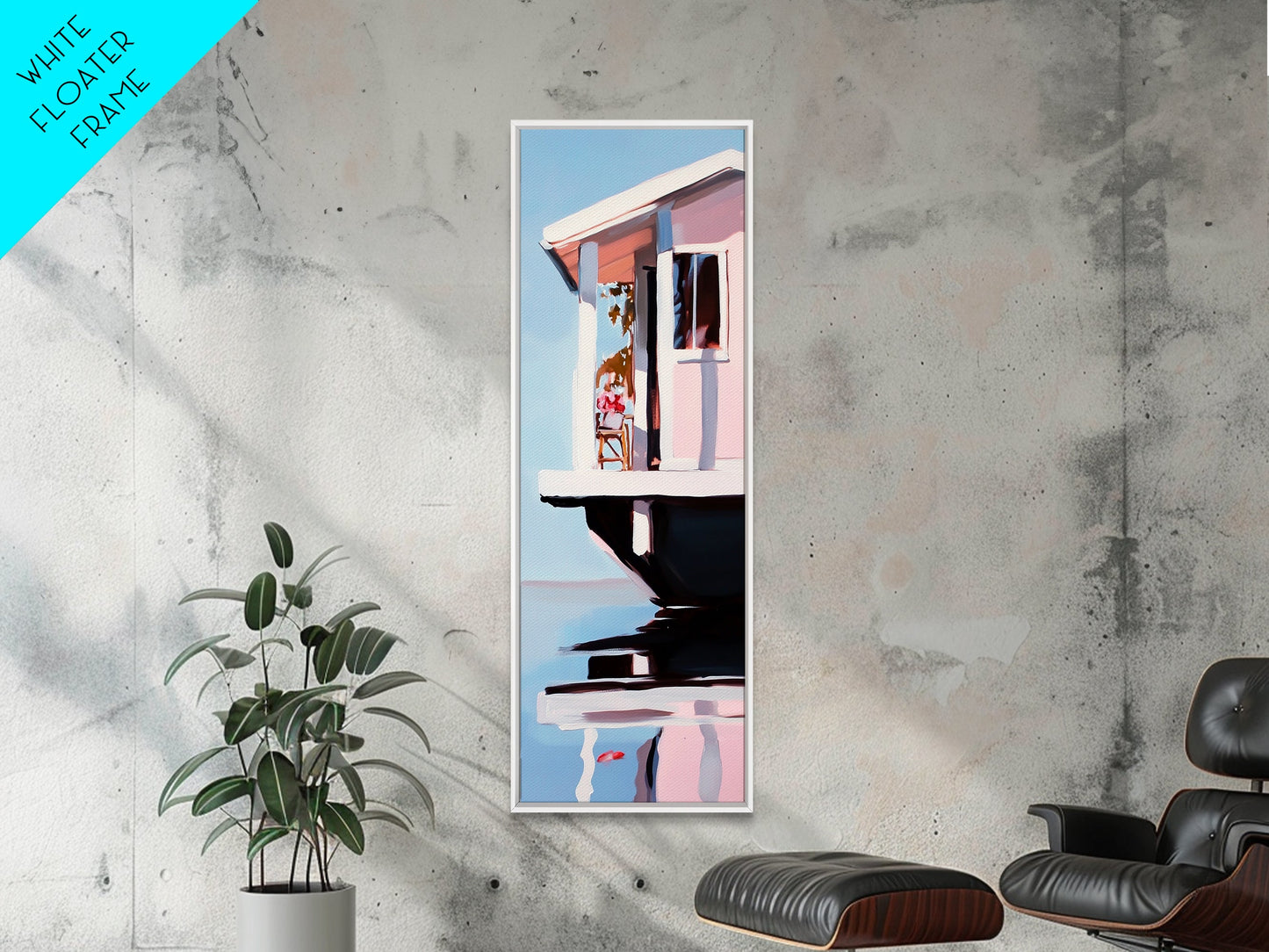 Houseboat Reflection, Nautical Canvas Print, Modern Coastal Wall Art, Serene Home Decor, Minimalist Living Room Artwork, Ocean Aesthetic