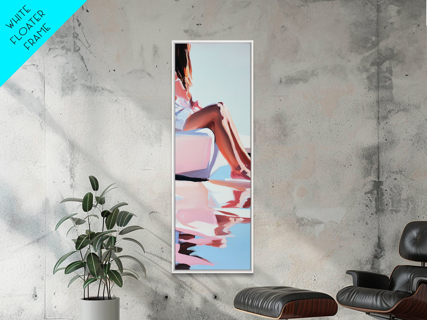 Sonniger Pool, elegante Frauenkunst, minimalistische feminine Dekoration, Sommergemälde, warme und ruhige Ästhetik, gerahmter Leinwanddruck