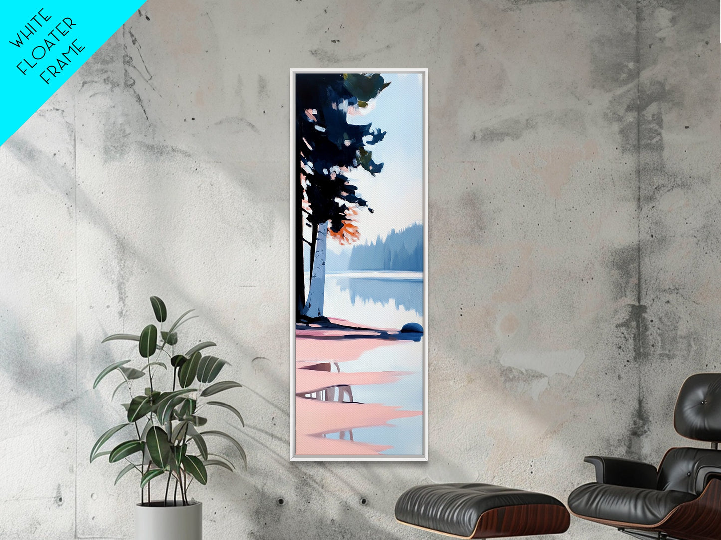 Misty Forest View, Tranquil Lake Painting, Atmospheric Nature Art, Minimalist Tree Reflection, Cozy Cabin Decor, Framed Canvas Print