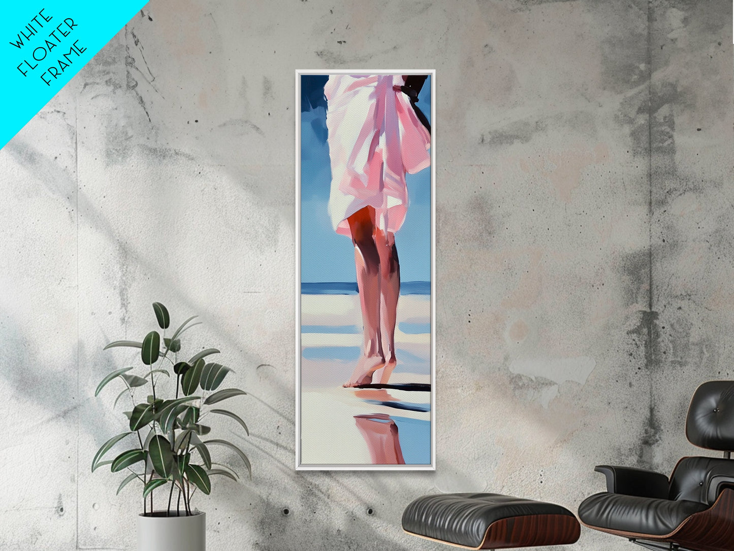 Barefoot Beach Walk, Pink Dress, Coastal Elegance, Framed Canvas Print, Summer Art, Bedroom or Entryway Decor, Relaxing Aesthetic