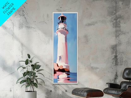Lighthouse, Pink Sky, Nautical, Coastal Wall Art, Beach Home Decor, Ocean Painting, Modern Seascape, Framed Canvas Print