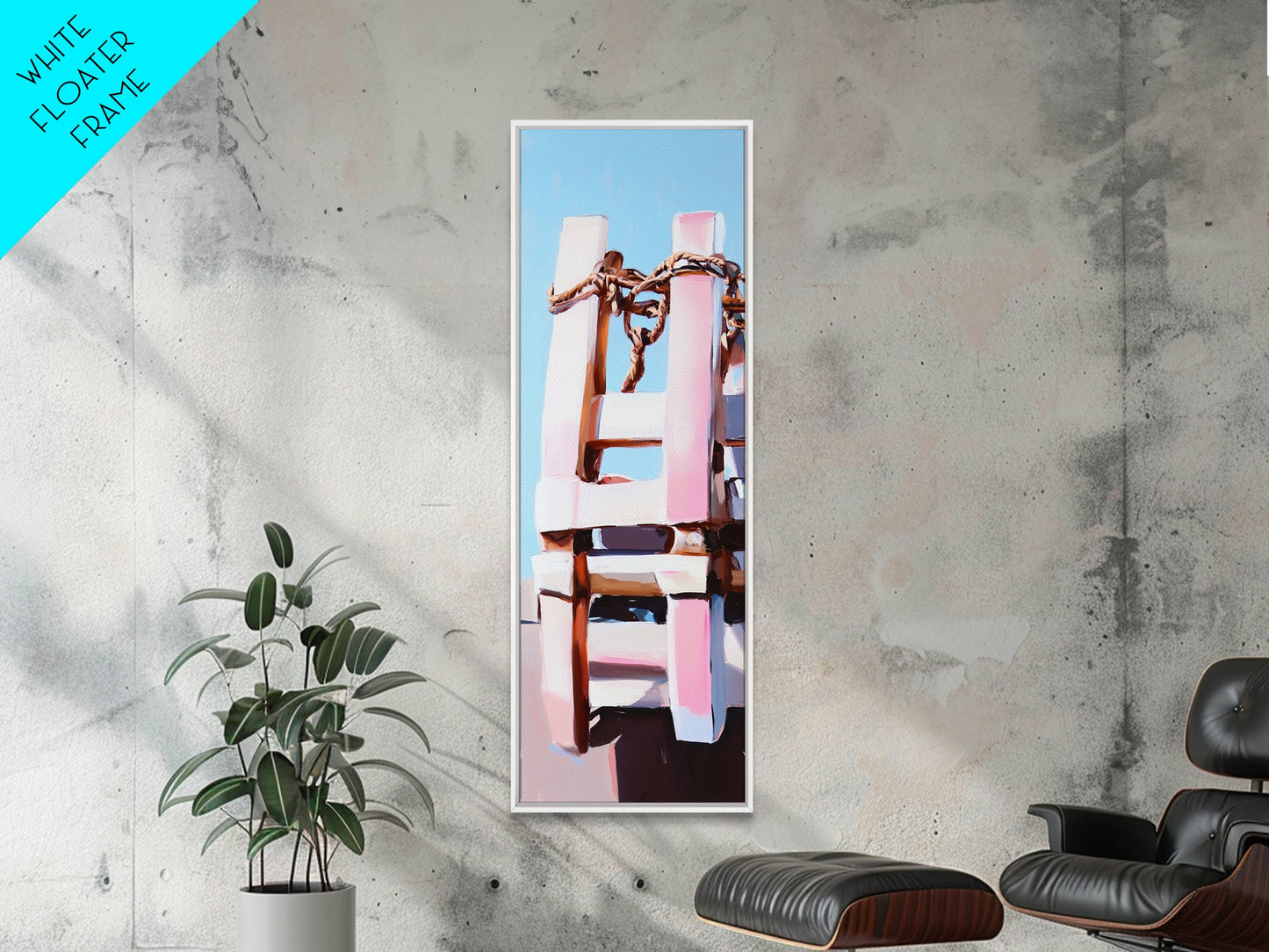 Nautical Ladder, Rustic, Beach House Decor, Coastal Wall Art, Ocean Painting, Blue Tones, Minimalist Seascape, Canvas Print
