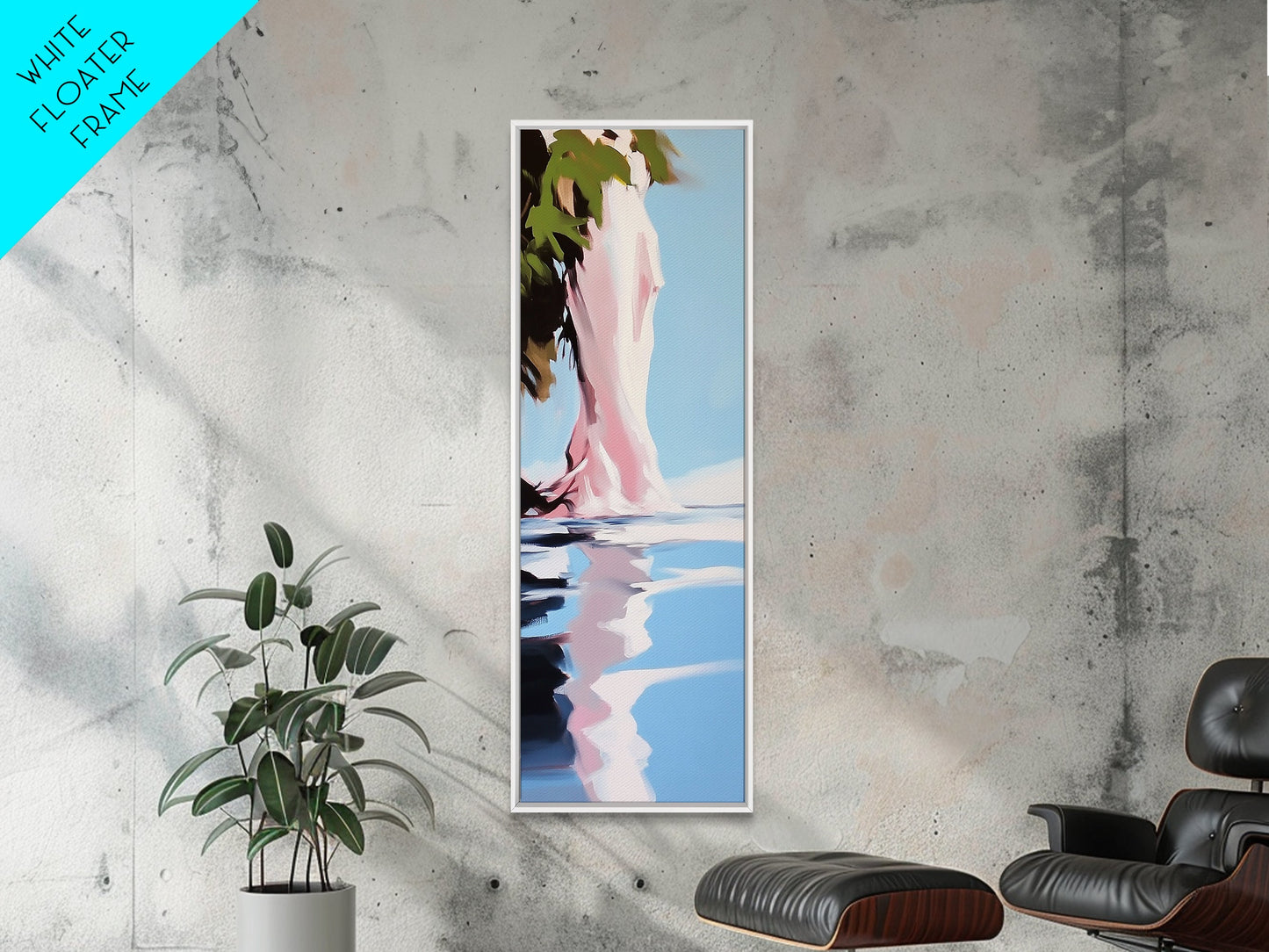 Wasserspiegelung, abstrakter Baum, surreale Natur, gerahmter Leinwanddruck, beruhigende Wandkunst, sanftes Blau und Rosa, Wandbild fürs Wohnzimmer