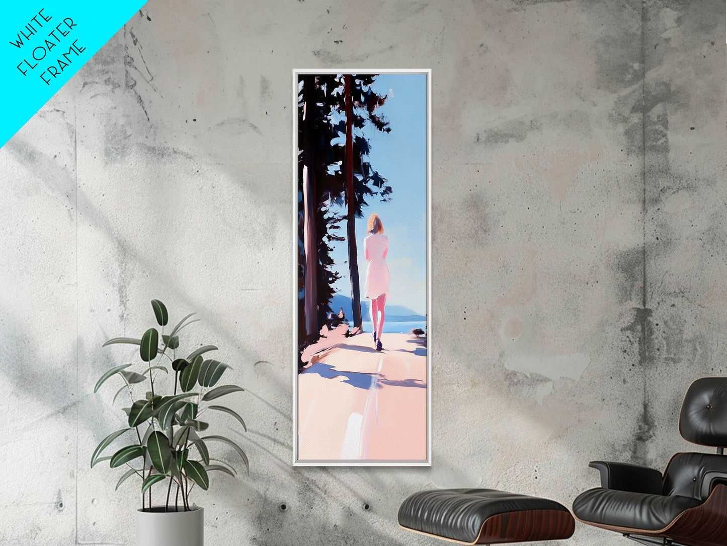 Walking Alone, Pink Dress, Scenic Art, Framed Canvas Print, Minimalist Wall Art, Nature Painting, Bedroom Decor, Boho Art, Gift