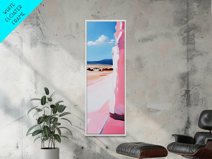 Pink Cliff, Ocean View, Tranquil Beach, Framed Canvas Print, Coastal Wall Art, Minimalist Painting, Living Room Decor, Gift, Blue