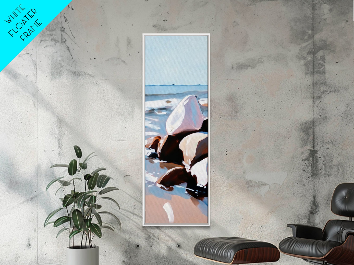 Ocean Rocks, Serene Shore, Tranquil View, Framed Canvas Print, Coastal Wall Art, Minimalist Painting, Bathroom Decor, Zen Art, Gift