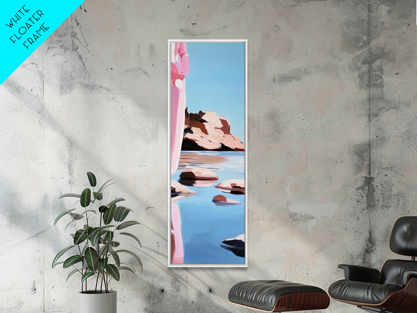 Rocky Shore, Lake Scene, Tranquil Nature Painting, Framed Canvas Print, Serene Water Reflection, Earthy Coastal Art, Living Room Decor