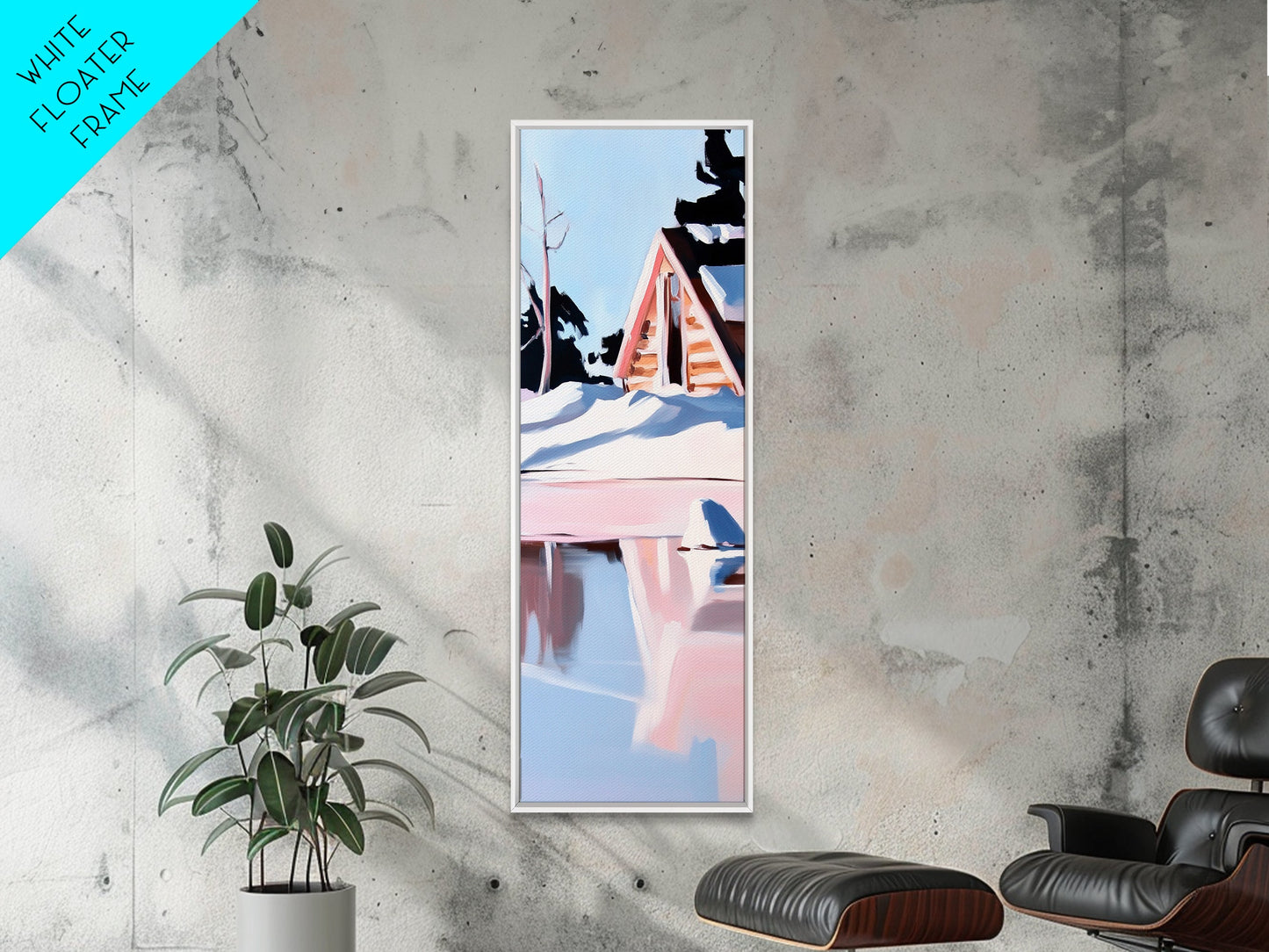 Winterhütte, verschneite Spiegelungen, gerahmter Leinwanddruck, gemütliches rustikales Wandbild, nordische Ästhetik, minimalistische Landschaft, Schlafzimmerdekoration