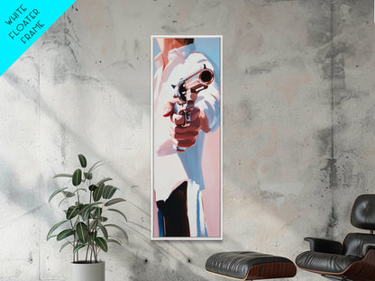 Revolverheld, Westernkunst, gerahmter Leinwanddruck, moderne Cowboy-Wandkunst, maskuline Bürodekoration, dramatische Filmszene, Pop-Art-Ästhetik