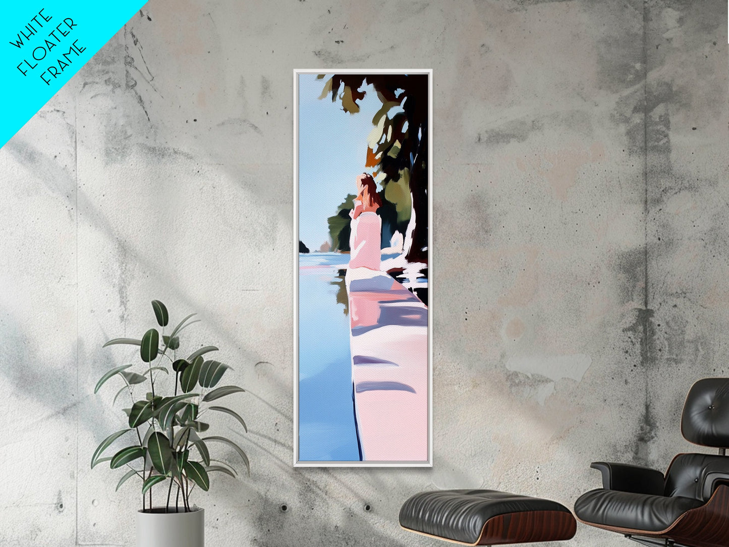 Woman by Water, Tranquil Scene, Framed Canvas Print, Serene Nature Art, Soft Pastel Aesthetic, Modern Minimalist, Dreamy Wall Decor