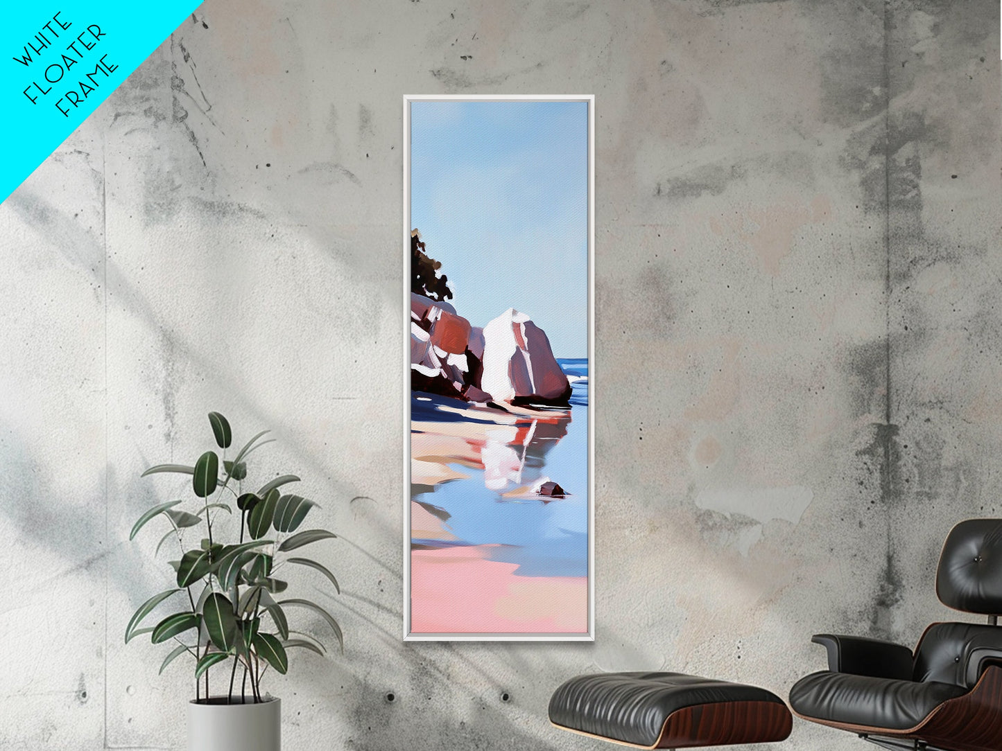 Zen-Reflexionen, vom Wasser inspirierte Kunst, minimalistische Strandszene, ruhiges Naturgemälde, entspannende Dekoration, moderner gerahmter Leinwanddruck