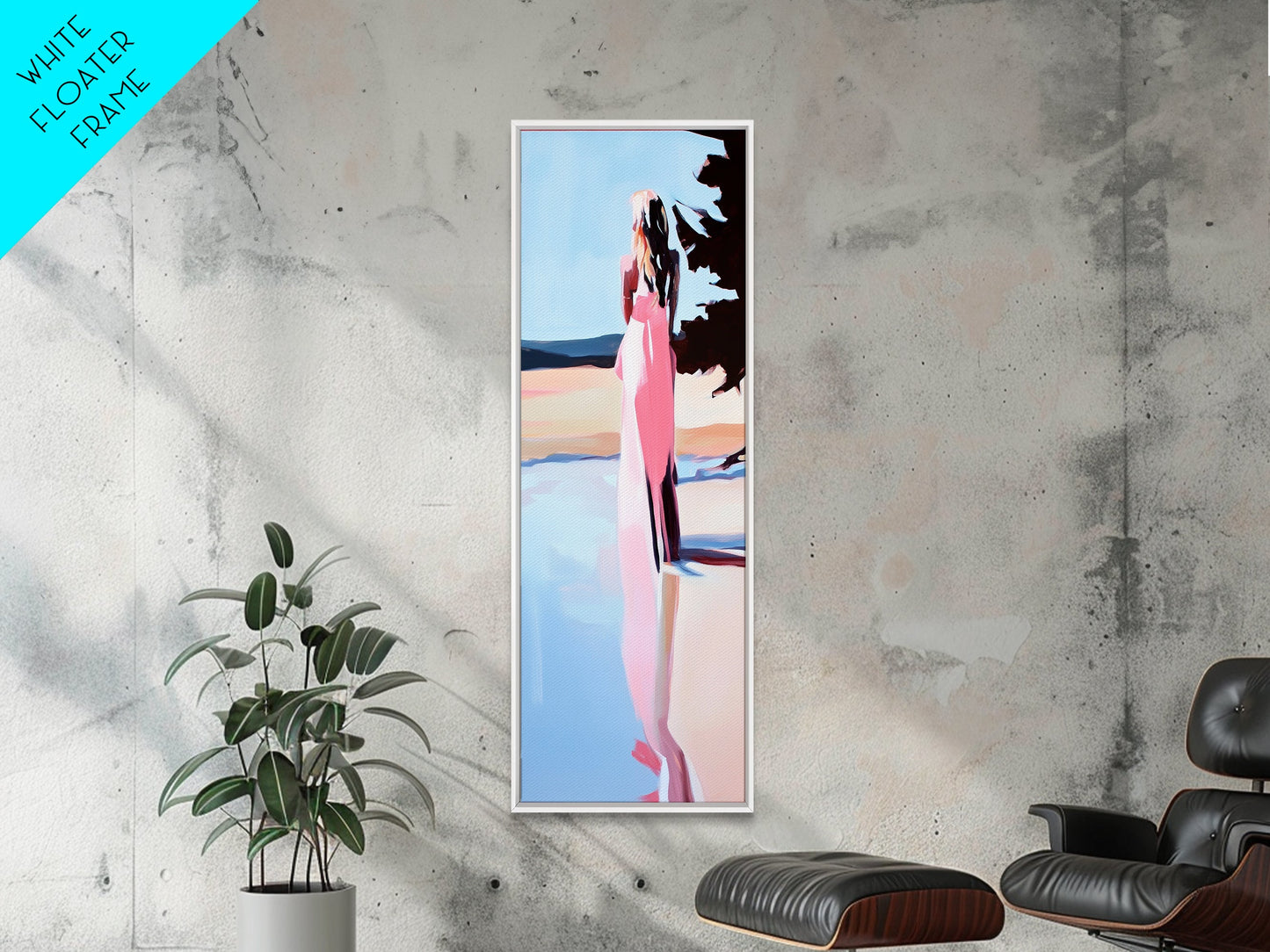 Ruhige Frau, Naturspiegelung, Zarte Pastellfarben, Friedliche Landschaft, Gerahmter Leinwanddruck, Minimalistische Kunst, Friedliche Wohndekoration