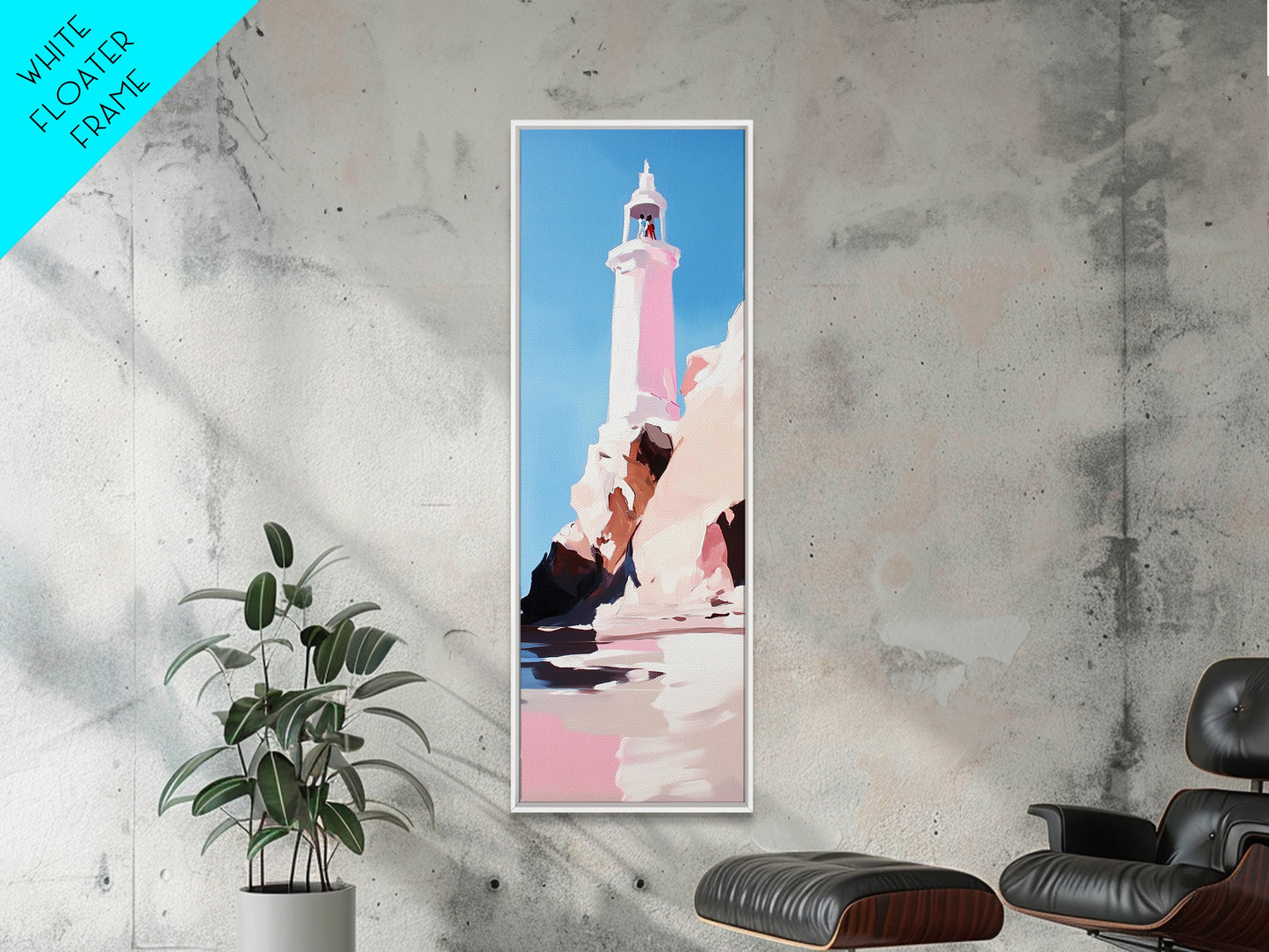 Lighthouse Art, Coastal Wall Decor, Nautical Painting, Ocean Wall Art, Minimalist Seascape, Blue Sky Print, Framed Canvas Print