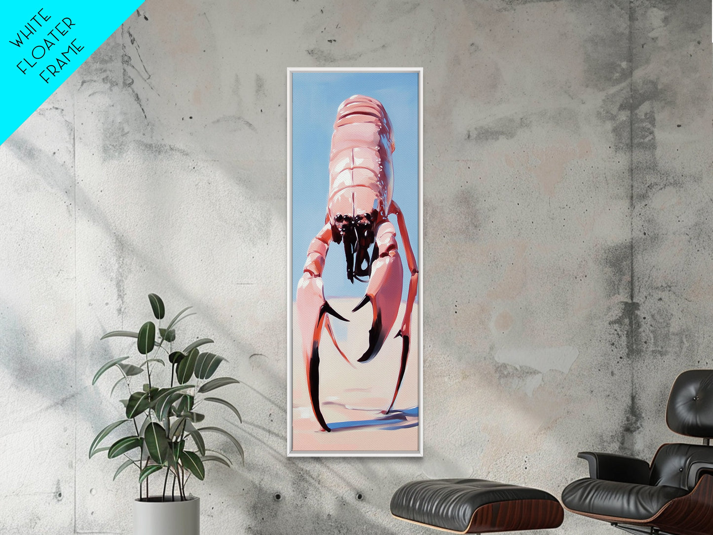 Riesenkrabbe, surreale Küstenkunst, Illustration von Meereslebewesen, Wanddekoration für Strandhäuser, einzigartige Wandkunst, maritime Ästhetik, gerahmter Leinwanddruck