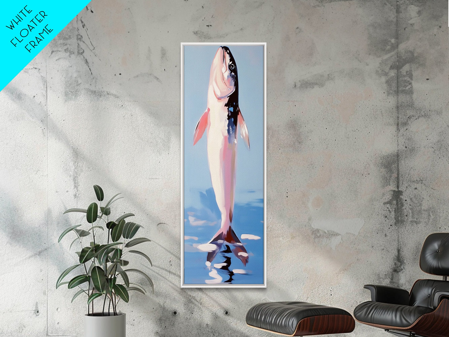 Fish, Water, Minimalist Art, Ocean, Coastal Decor, Marine Life, Blue, White, Kitchen Wall Art, Framed Canvas Print