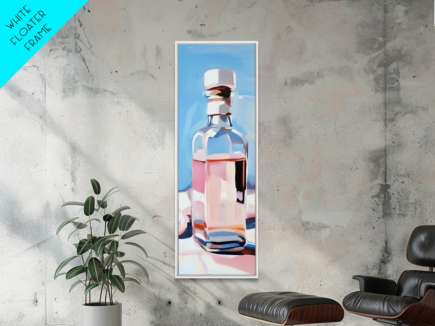 Perfume Bottle, Glass Art, Minimalist, Blue, White, Pink, Fashion, Beauty, Elegant, Living Room, Framed Canvas Print