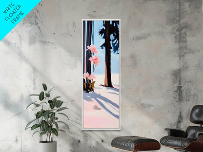 Floral Winter, Botanical Wall Art, Pink Flower Snow Scene, Nature-Inspired Artwork, Minimalist Forest Painting, Canvas Print, Office Wall Art