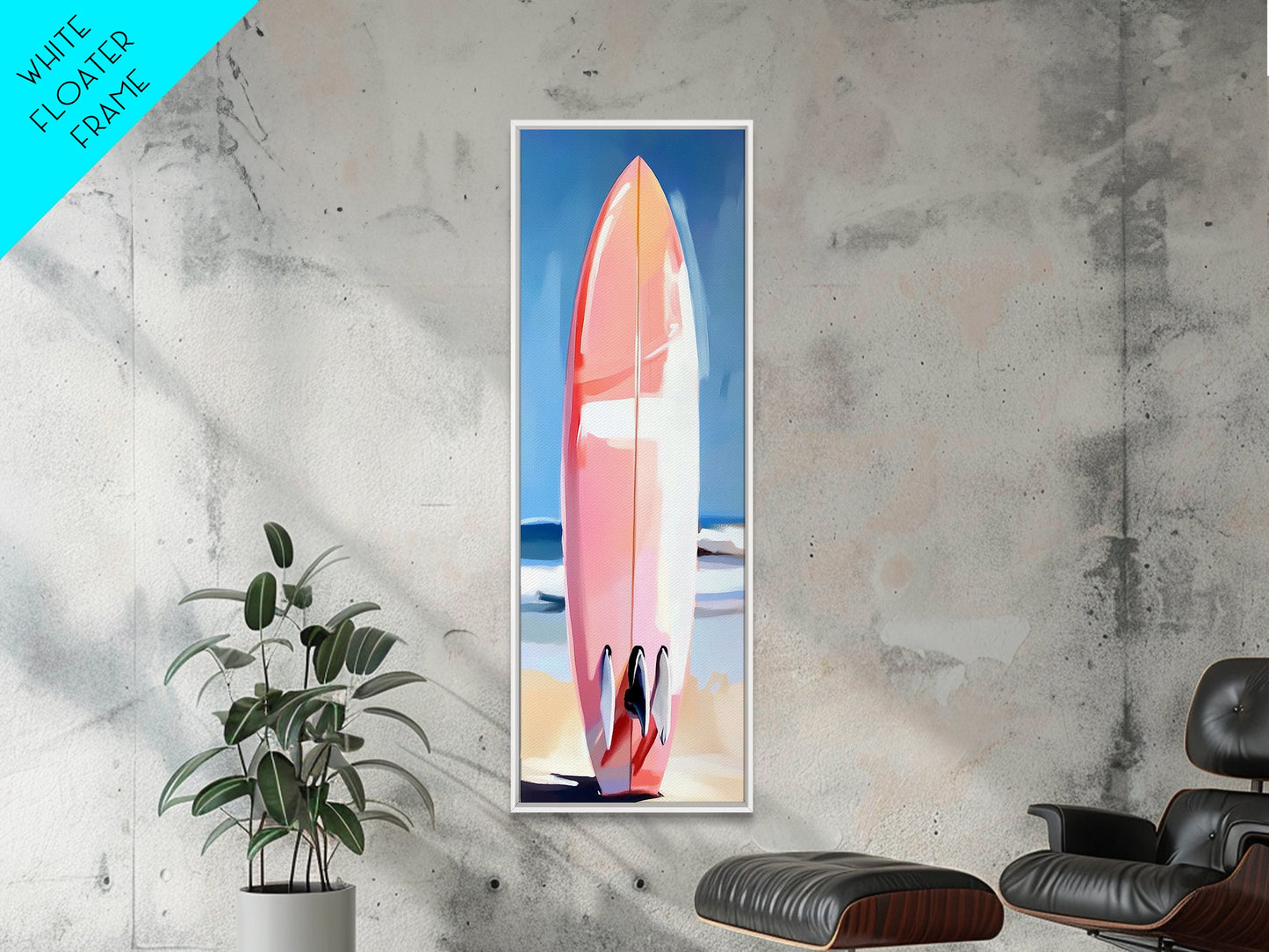 Pinkes Surfbrett, Strandhaus-Kunst, Küstenästhetik, Surfer-Lifestyle, Sommerfeeling, Gerahmter Leinwanddruck mit Ozeanmotiv, Moderne Wanddekoration