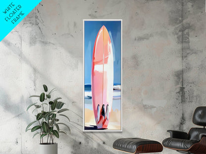 Pinkes Surfbrett, Strandhaus-Kunst, Küstenästhetik, Surfer-Lifestyle, Sommerfeeling, Gerahmter Leinwanddruck mit Ozeanmotiv, Moderne Wanddekoration