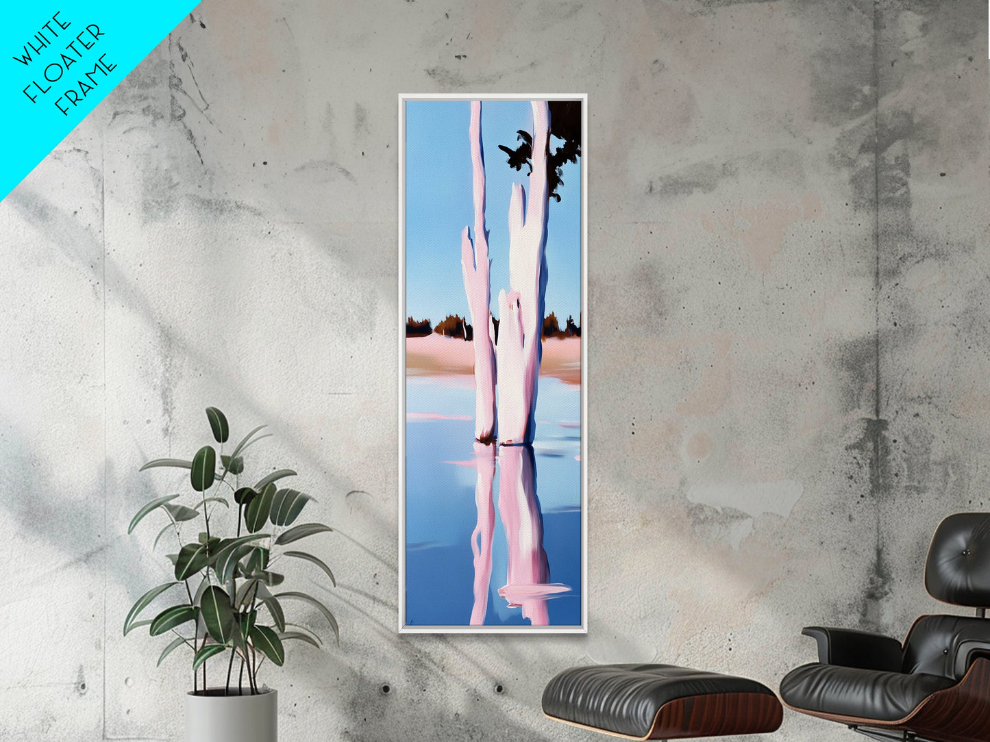 Pink Trees, Lake Reflection, Minimalist Nature, Calm Water Scene, Soft Pastel Wall Art, Tranquil Framed Canvas Print, Zen Home Decor