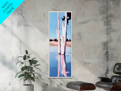 Pink Trees, Lake Reflection, Minimalist Nature, Calm Water Scene, Soft Pastel Wall Art, Tranquil Framed Canvas Print, Zen Home Decor