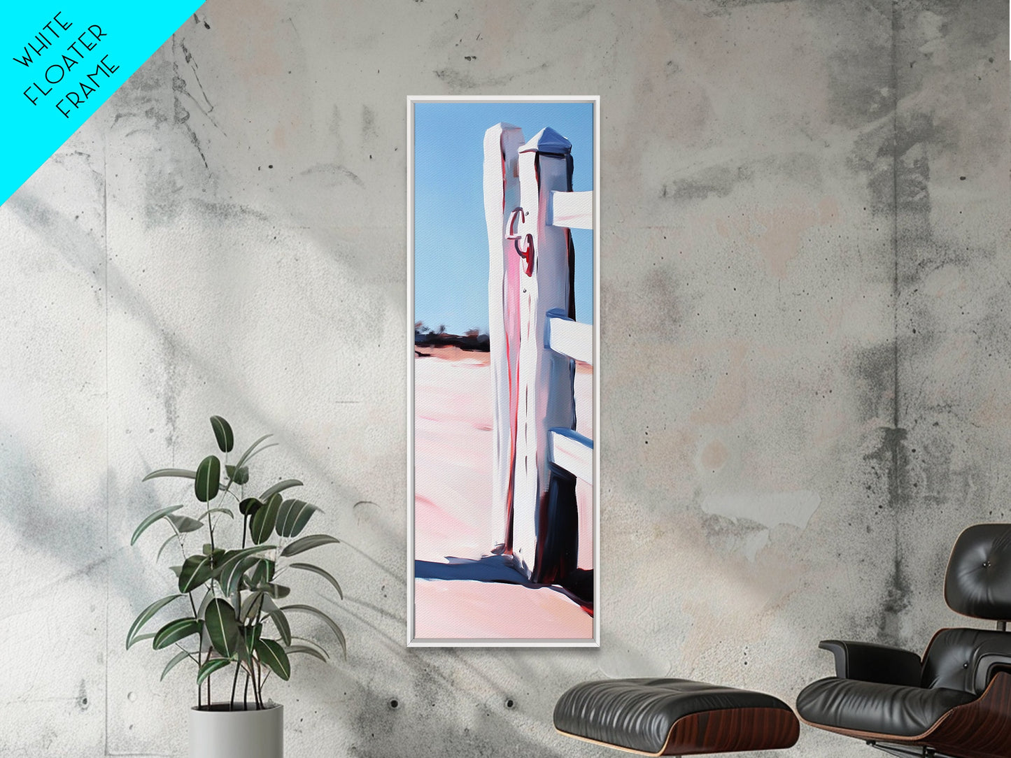 Zaunpfosten, rustikale Landschaft, Wandbild im Landhausstil, gerahmter Leinwanddruck, minimalistische Kunst, Strandhausdeko, Landhausästhetik