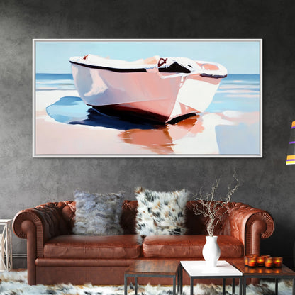 Beach Boat, Ocean Reflection, Coastal Calm, Canvas Print, Minimalist Nautical Art, Summer Home Decor, Living Room Wall Art, Tranquil Vibes