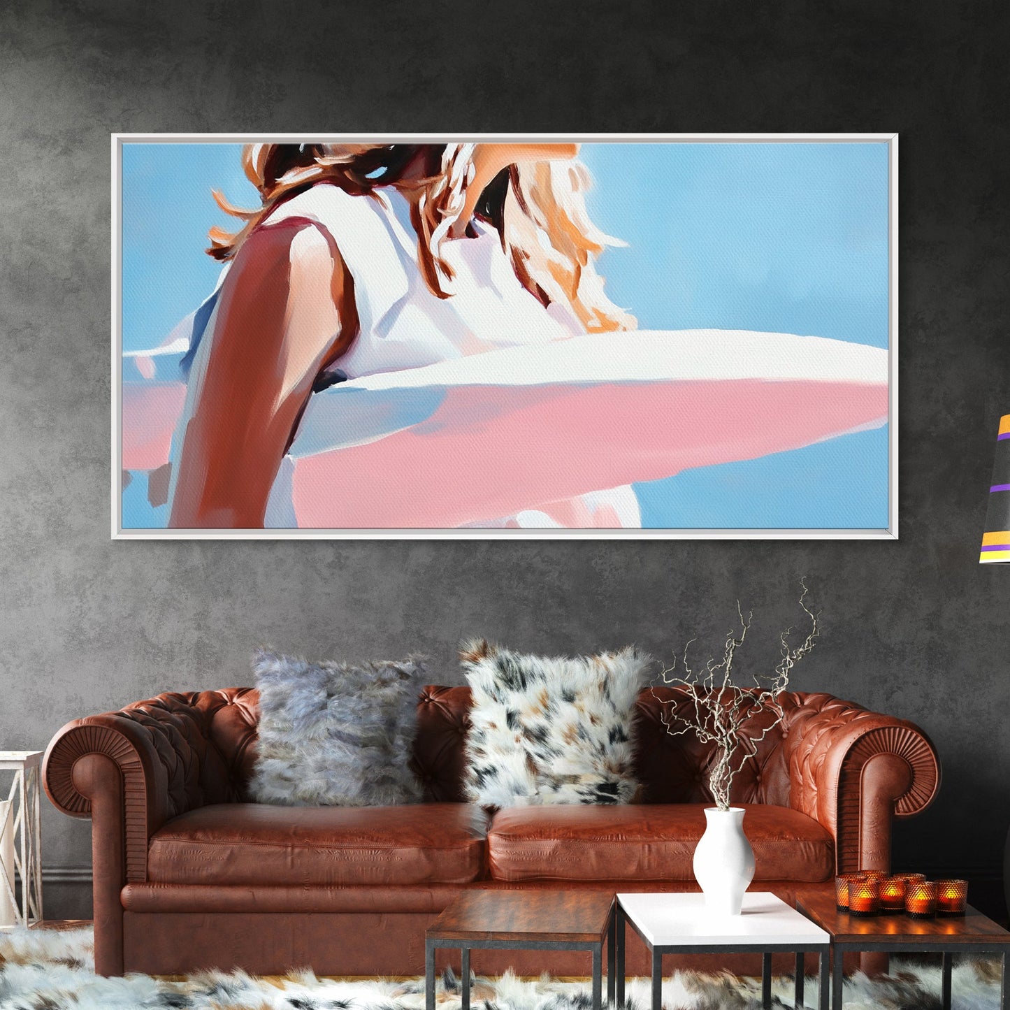 Surfer Girl, Beach Art, Ocean Waves, Canvas Print, Boho Wall Decor, Coastal Bedroom Art, Summer Painting, Modern Minimalist Artwork